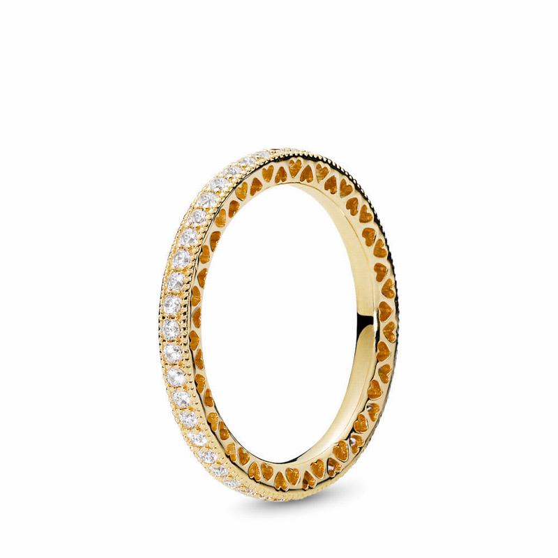 Pandora Shine™ Hearts Stackable Ring Ireland - 18ct Gold Plated/Cubic Zirconia - 682139NAC